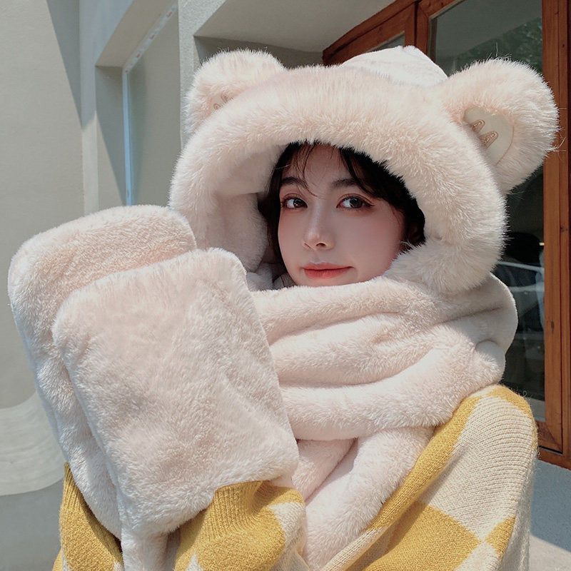 Lisslune | 3-in-1 Cure Plush Bear Ear Winter Hat with Scarf & Gloves