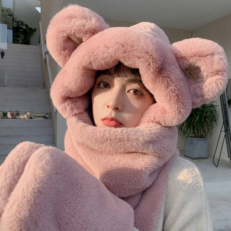 Lisslune | 3-in-1 Cure Plush Bear Ear Winter Hat with Scarf & Gloves