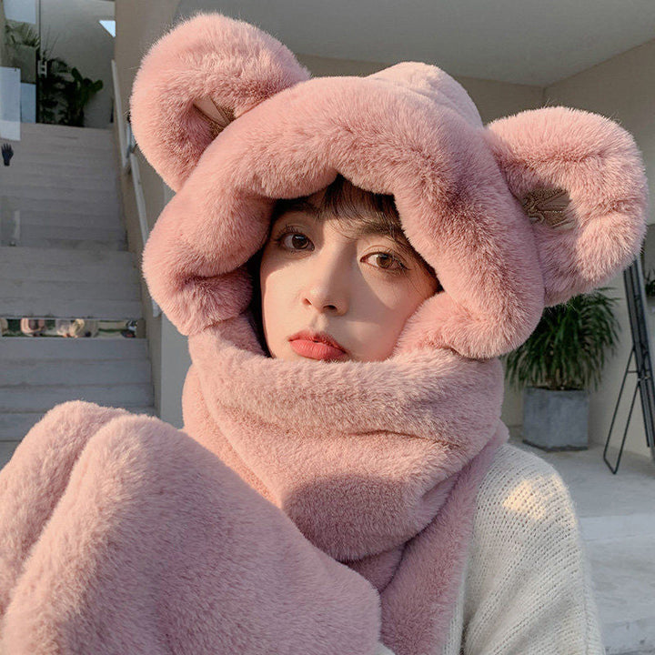 Lisslune | 3-in-1 Cure Plush Bear Ear Winter Hat with Scarf & Gloves