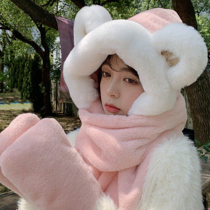 Lisslune | 3-in-1 Cure Plush Bear Ear Winter Hat with Scarf & Gloves