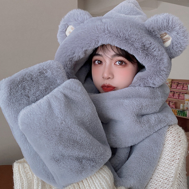 Lisslune | 3-in-1 Cure Plush Bear Ear Winter Hat with Scarf & Gloves