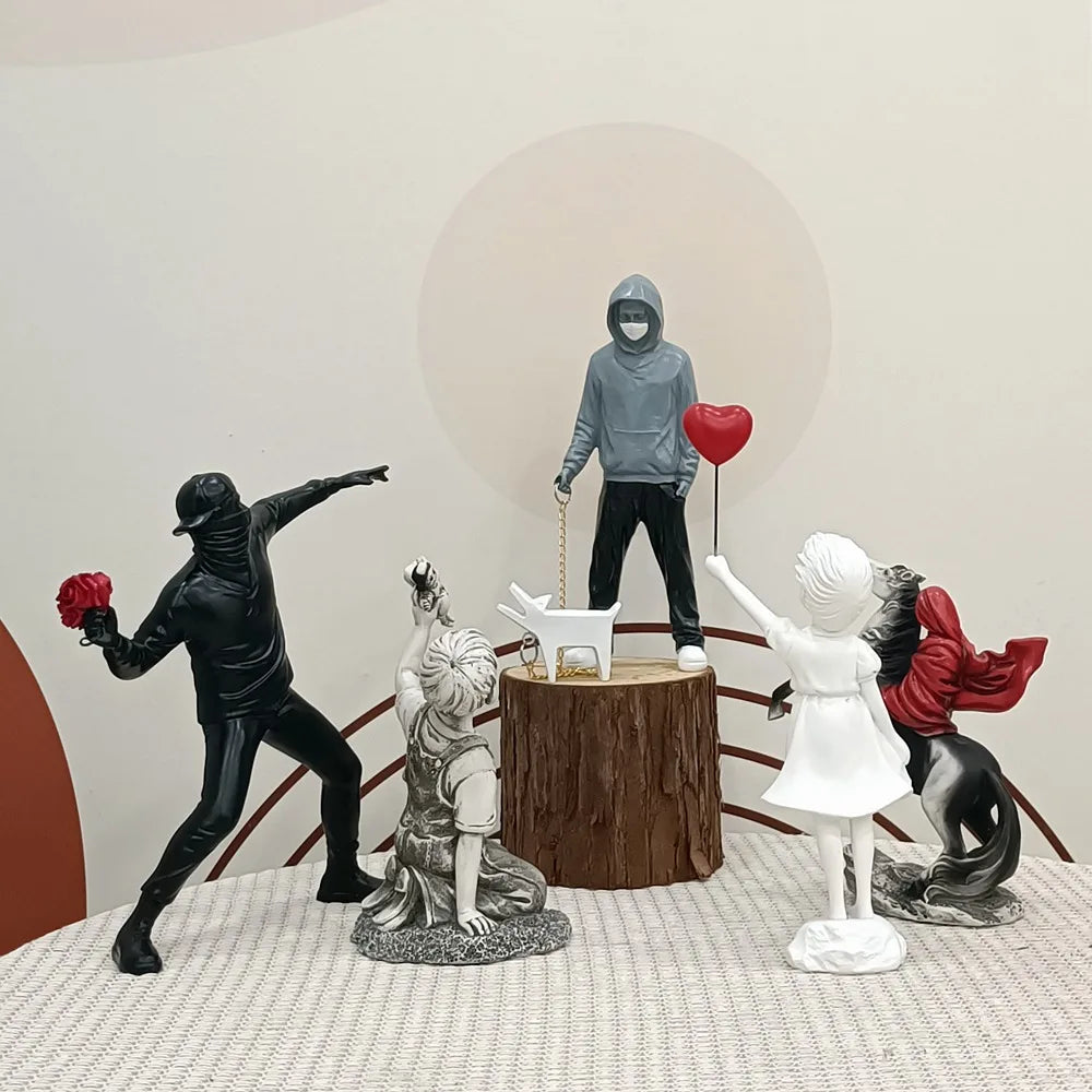 Lisslune | Dropshipping Banksy Sculpture Collection Flower Thrower Statue Pop Art Modern Balloon Girl Figurine Office Home Decoration