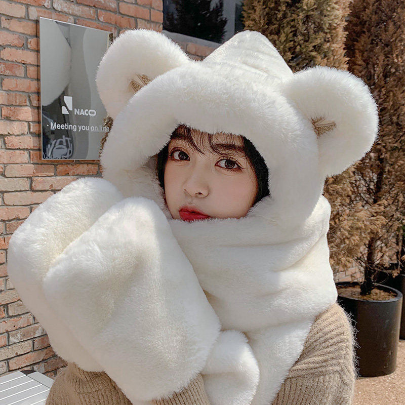 Lisslune | 3-in-1 Cure Plush Bear Ear Winter Hat with Scarf & Gloves