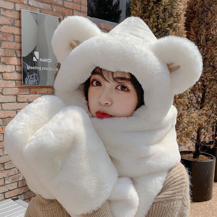 Lisslune | 3-in-1 Cure Plush Bear Ear Winter Hat with Scarf & Gloves