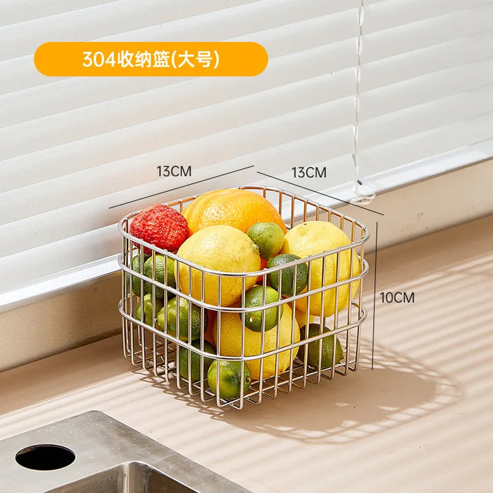 Rynx | 304 Stainless Steel Drain Basket Household Kitchen Storage Basket Square Fruit Vegetable Basket Cosmetic Storage Basket