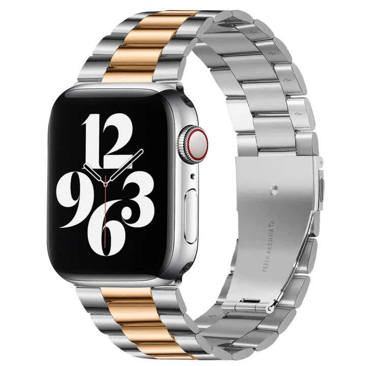 Lisslune | Folding clasp 3 pearls stainless steel watch band for Apple Watch Ultra 49mm & Watch Ultra 2 49mm / Series 10 46mm / 9 & 8 & 7 45mm / SE 3 & SE 2 & 6 & SE & 5 & 4 44mm / 3 & 2 & 1 42mm (Silver + Rose gold)