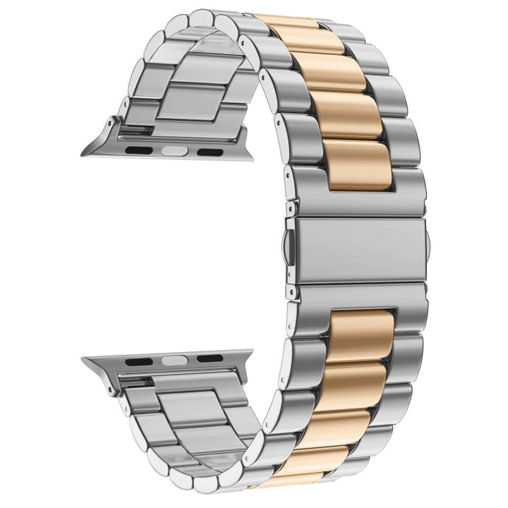 Lisslune | Folding clasp 3 pearls stainless steel watch band for Apple Watch Ultra 49mm & Watch Ultra 2 49mm / Series 10 46mm / 9 & 8 & 7 45mm / SE 3 & SE 2 & 6 & SE & 5 & 4 44mm / 3 & 2 & 1 42mm (Silver + Rose gold)