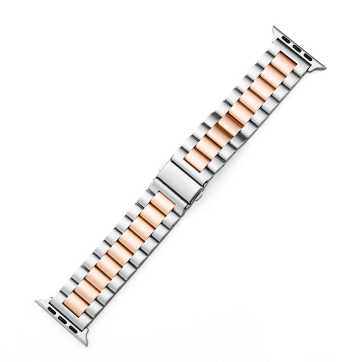 Lisslune | Folding clasp 3 pearls stainless steel watch band for Apple Watch Ultra 49mm & Watch Ultra 2 49mm / Series 10 46mm / 9 & 8 & 7 45mm / SE 3 & SE 2 & 6 & SE & 5 & 4 44mm / 3 & 2 & 1 42mm (Silver + Rose gold)