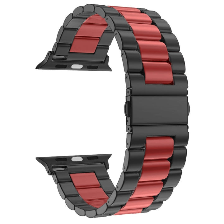 Lisslune | Foldable Closure 3 Pearls Stainless Steel Bracelet for Apple Watch Ultra 49mm & Watch Ultra 2 49mm / Series 10 46mm / 9 & 8 & 7 45mm / SE 3 & SE 2 & 6 & SE & 5 & 4 44mm / 3 & 2 & 1 42mm (Black Red)