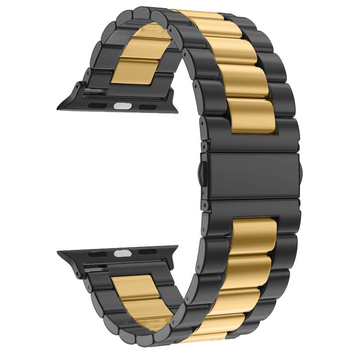 Lisslune | Folded Closure 3 Pearls Stainless Steel Watch Band for Apple Watch Ultra 49mm & Watch Ultra 2 49mm / Series 10 46mm / 9 & 8 & 7 45mm / SE 3 & SE 2 & 6 & SE & 5 & 4 44mm / 3 & 2 & 1 42mm (Black Gold)