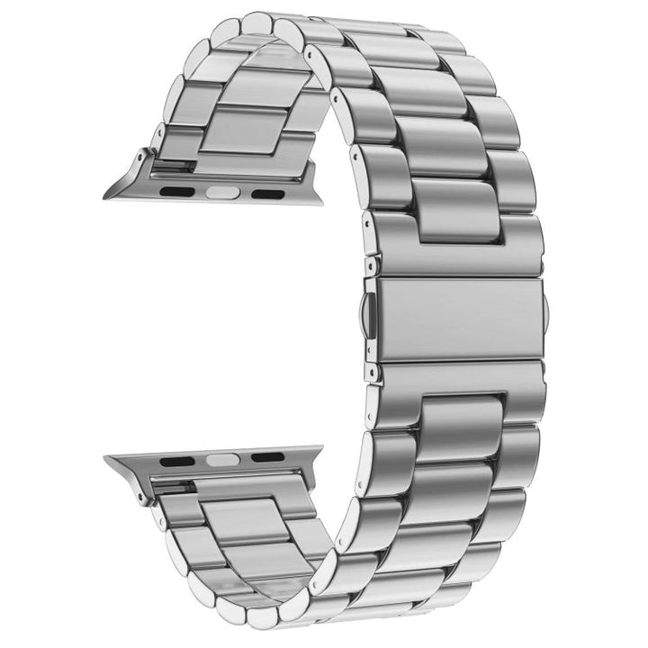 Lisslune | Foldable closure 3 beads stainless steel watch band for Apple Watch Ultra 49mm & Watch Ultra 2 49mm / Series 10 46mm / 9 & 8 & 7 45mm / SE 3 & SE 2 & 6 & SE & 5 & 4 44mm / 3 & 2 & 1 42mm (Silver)