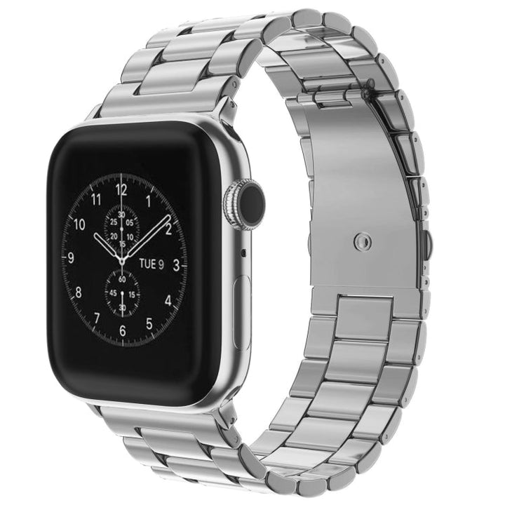 Lisslune | Foldable closure 3 beads stainless steel watch band for Apple Watch Ultra 49mm & Watch Ultra 2 49mm / Series 10 46mm / 9 & 8 & 7 45mm / SE 3 & SE 2 & 6 & SE & 5 & 4 44mm / 3 & 2 & 1 42mm (Silver)