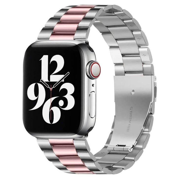 Lisslune | Folding clasp 3 pearls stainless steel watch band for Apple Watch Ultra 49mm & Watch Ultra 2 49mm / Series 10 46mm / 9 & 8 & 7 45mm / SE 3 & SE 2 & 6 & SE & 5 & 4 44mm / 3 & 2 & 1 42mm (Silver Pink)