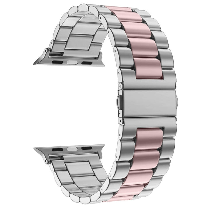 Lisslune | Folding clasp 3 pearls stainless steel watch band for Apple Watch Ultra 49mm & Watch Ultra 2 49mm / Series 10 46mm / 9 & 8 & 7 45mm / SE 3 & SE 2 & 6 & SE & 5 & 4 44mm / 3 & 2 & 1 42mm (Silver Pink)