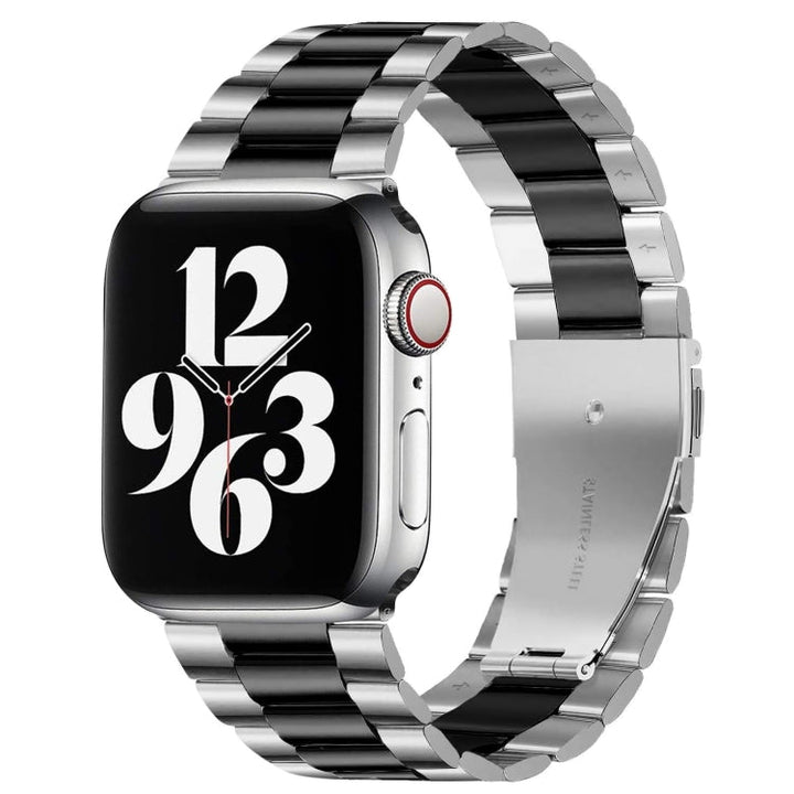 Lisslune | Folding closure 3 beads stainless steel watch band for Apple Watch Ultra 49mm & Watch Ultra 2 49mm / Series 10 46mm / 9 & 8 & 7 45mm / SE 3 & SE 2 & 6 & SE & 5 & 4 44mm / 3 & 2 & 1 42mm (Silver Black)