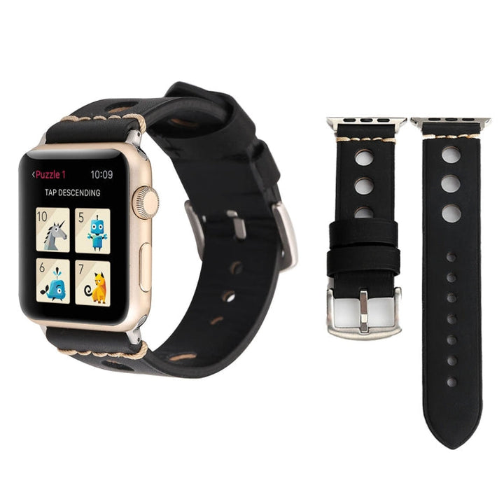 Lisslune | For Apple Watch Series 10 42mm / 9&8&7 41mm / SE 3&SE 2&6&SE&5&4 40mm / 3&2&1 38mm Retro Hole Leather Band (Black)