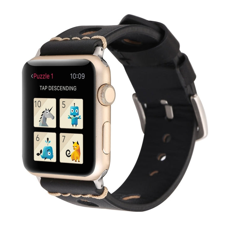Lisslune | For Apple Watch Series 10 42mm / 9&8&7 41mm / SE 3&SE 2&6&SE&5&4 40mm / 3&2&1 38mm Retro Hole Leather Band (Black)