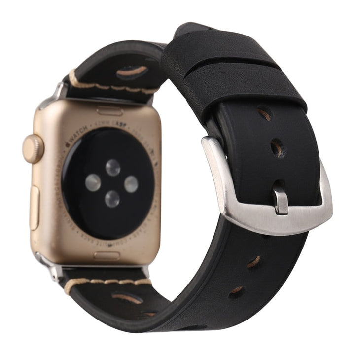 Lisslune | For Apple Watch Series 10 42mm / 9&8&7 41mm / SE 3&SE 2&6&SE&5&4 40mm / 3&2&1 38mm Retro Hole Leather Band (Black)