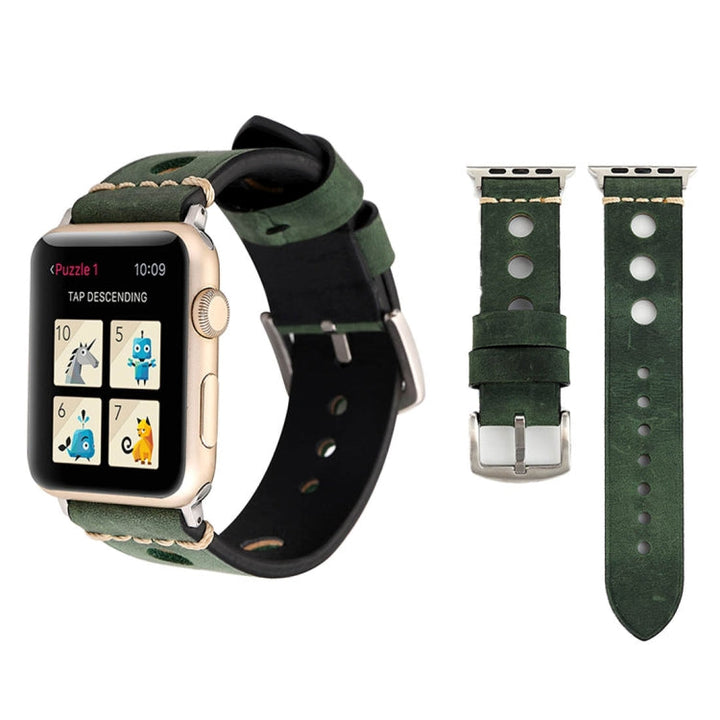 Lisslune | For Apple Watch Series 10 42mm / 9&8&7 41mm / SE 3&SE 2&6&SE&5&4 40mm / 3&2&1 38mm Retro Hole Leather Strap (Green)