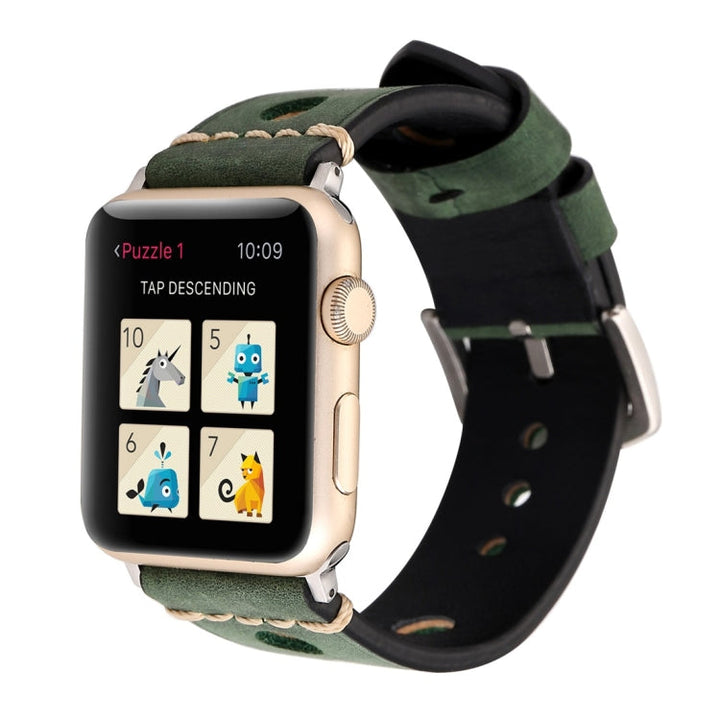 Lisslune | For Apple Watch Series 10 42mm / 9&8&7 41mm / SE 3&SE 2&6&SE&5&4 40mm / 3&2&1 38mm Retro Hole Leather Strap (Green)