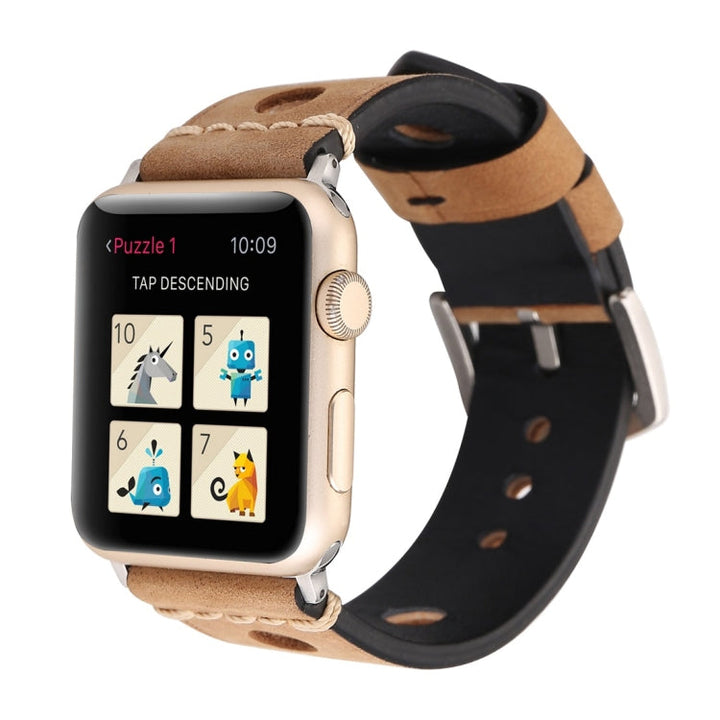 Lisslune | For Apple Watch Series 10 42mm / 9&8&7 41mm / SE 3&SE 2&6&SE&5&4 40mm / 3&2&1 38mm Retro Hole Leather Watch Band (Khaki)