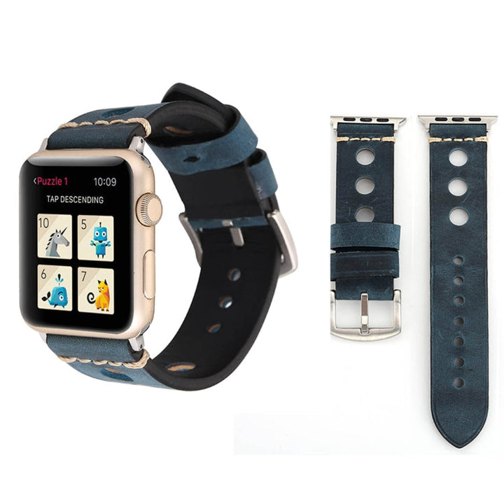 Lisslune | For Apple Watch Series 10 42mm / 9&8&7 41mm / SE 3&SE 2&6&SE&5&4 40mm / 3&2&1 38mm Retro Hole Leather Watch Strap (Blue)