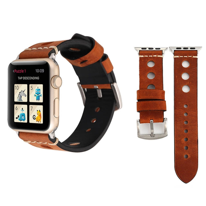 Lisslune | For Apple Watch Series 10 42mm / 9&8&7 41mm / SE 3&SE 2&6&SE&5&4 40mm / 3&2&1 38mm Retro Hole Leather Strap (Reddish Brown)