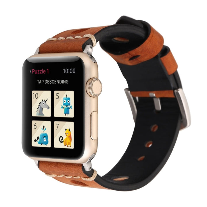 Lisslune | For Apple Watch Series 10 42mm / 9&8&7 41mm / SE 3&SE 2&6&SE&5&4 40mm / 3&2&1 38mm Retro Hole Leather Strap (Reddish Brown)