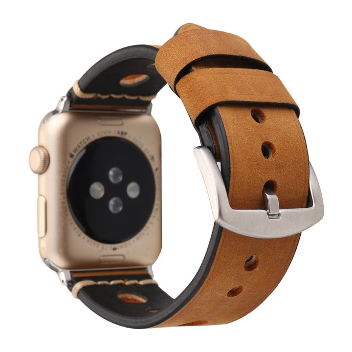 Lisslune | For Apple Watch Series 10 42mm / 9&8&7 41mm / SE 3&SE 2&6&SE&5&4 40mm / 3&2&1 38mm Retro Hole Leather Strap (Brown)