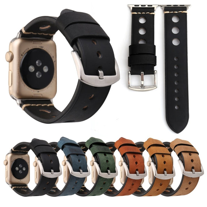 Lisslune | For Apple Watch Series 10 42mm / 9&8&7 41mm / SE 3&SE 2&6&SE&5&4 40mm / 3&2&1 38mm Retro Hole Leather Band (Black)