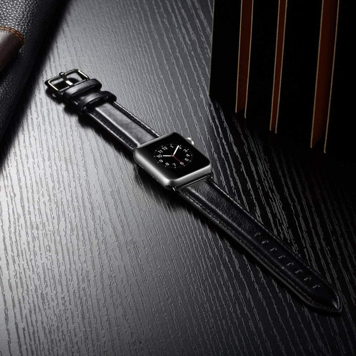 Lisslune | Black Buckle Leather Watch Band for Apple Watch Series 10 42mm / 9&8&7 41mm / SE 3&SE 2&6&SE&5&4 40mm / 3&2&1 38mm (Black)
