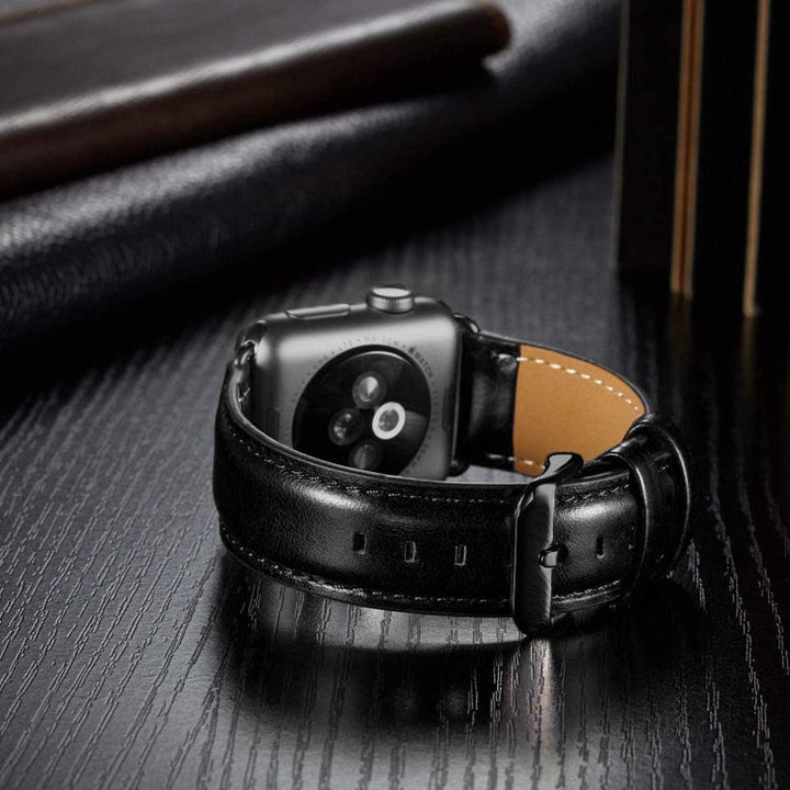 Lisslune | Black Buckle Leather Watch Strap for Apple Watch Ultra 49 mm & Watch Ultra 2 49 mm / Series 10 46 mm / 9 & 8 & 7 45 mm / SE 3 & SE 2 & 6 & SE & 5 & 4 44 mm / 3 & 2 & 1 42 mm (Black)