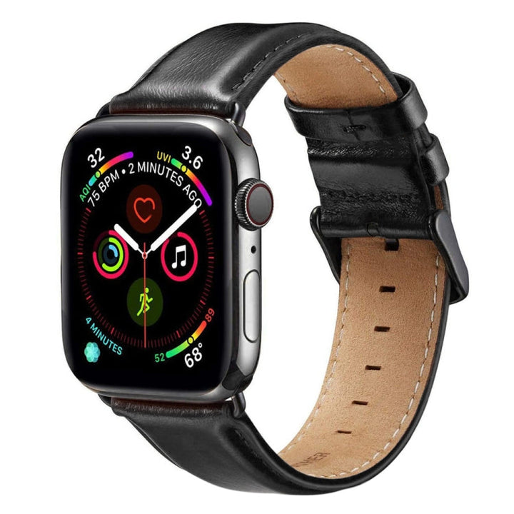 Lisslune | Black Buckle Leather Watch Strap for Apple Watch Ultra 49 mm & Watch Ultra 2 49 mm / Series 10 46 mm / 9 & 8 & 7 45 mm / SE 3 & SE 2 & 6 & SE & 5 & 4 44 mm / 3 & 2 & 1 42 mm (Black)