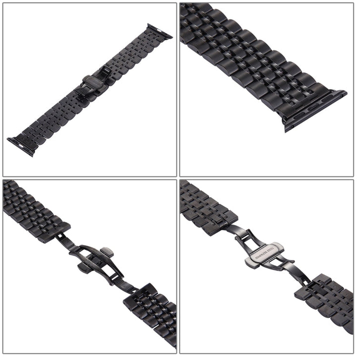Lisslune | 22 mm Men's Hidden Butterfly Buckle 7 Pearls Stainless Steel Bracelet for Apple Watch 38 mm (Black)