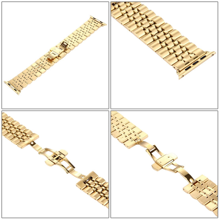 Lisslune | 22mm Men's hidden butterfly buckle 7 pearls stainless steel watch band for Apple Watch 38mm (Gold)