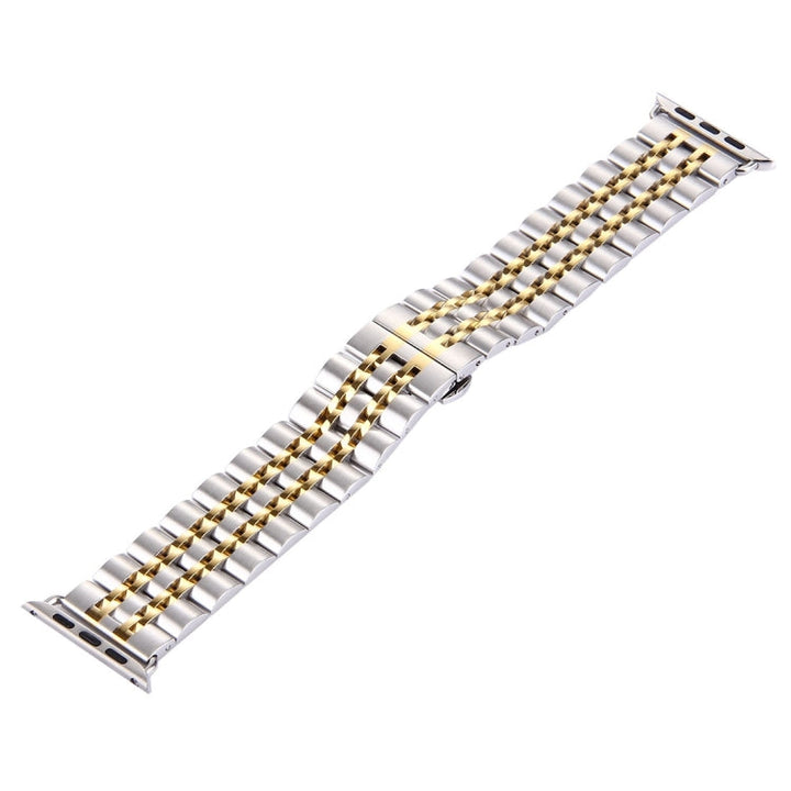 Lisslune | 22mm Men Hidden Butterfly Buckle 7 Beads Stainless Steel Watch Band for Apple Watch 38mm(Silver Gold)