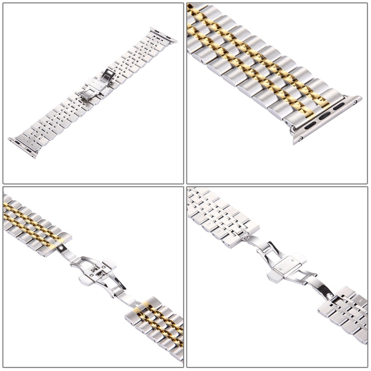Lisslune | 22mm Men Hidden Butterfly Buckle 7 Beads Stainless Steel Watch Band for Apple Watch 38mm(Silver Gold)