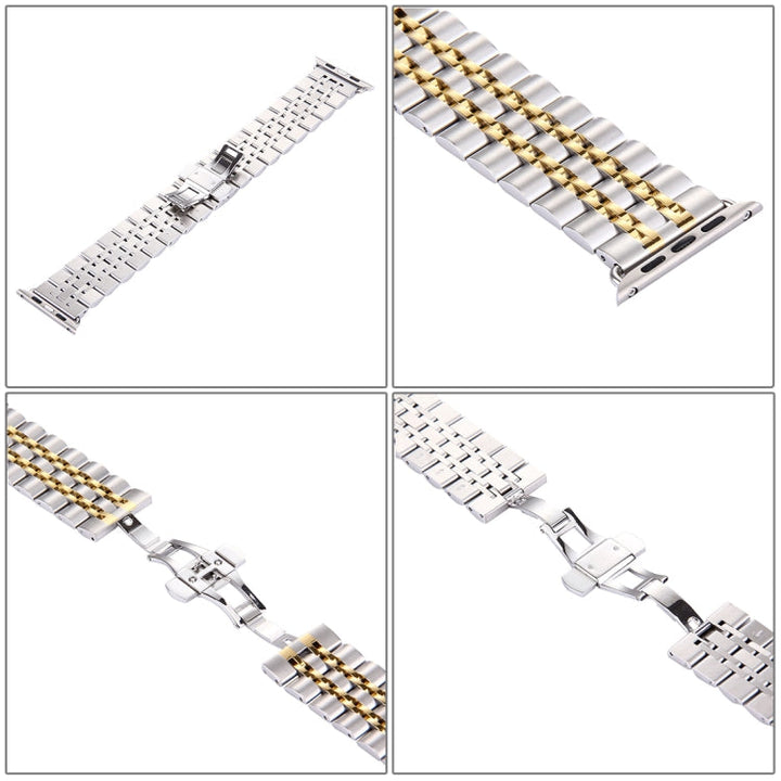 Lisslune | 22mm Men Hidden Butterfly Buckle 7 Beads Stainless Steel Watch Band for Apple Watch 38mm(Silver Gold)