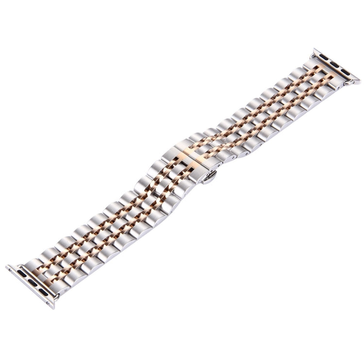Lisslune | 22mm Men Hidden Butterfly Clasp 7 Beads Stainless Steel Bracelet For Apple Watch 38mm (Silver Rose Gold)