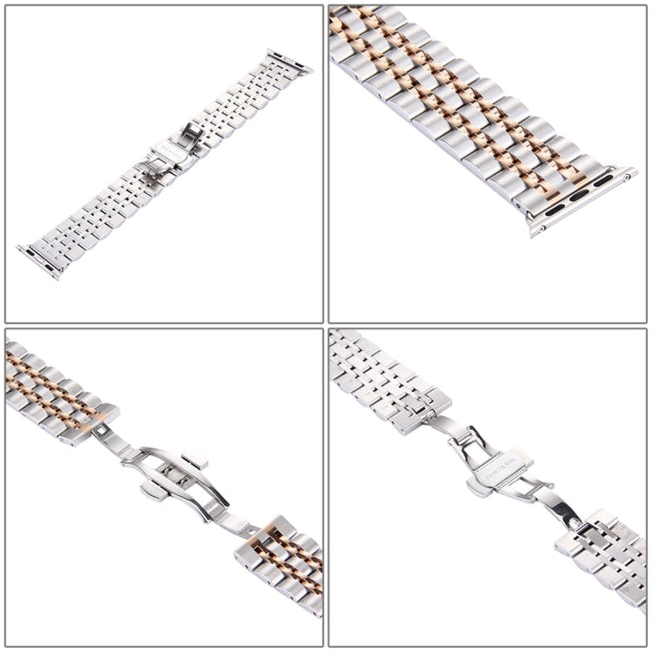 Lisslune | 22mm Men Hidden Butterfly Clasp 7 Beads Stainless Steel Bracelet For Apple Watch 38mm (Silver Rose Gold)