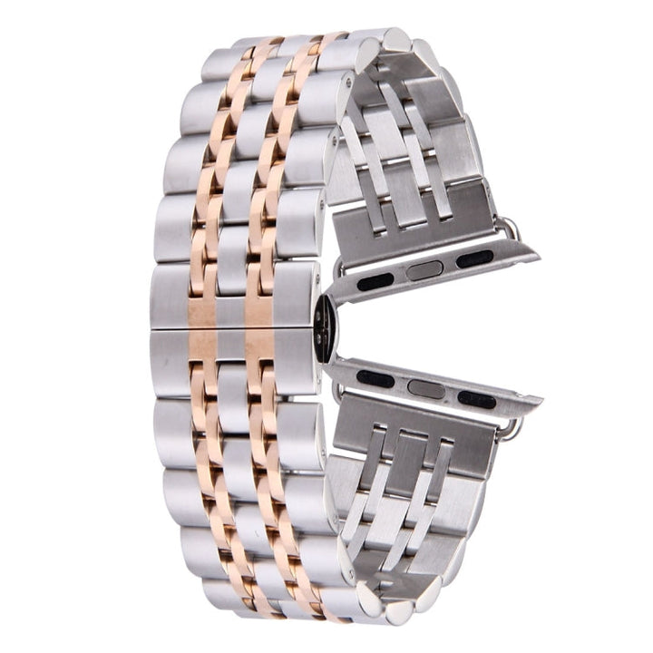 Lisslune | 22mm Men Hidden Butterfly Clasp 7 Beads Stainless Steel Bracelet For Apple Watch 38mm (Silver Rose Gold)