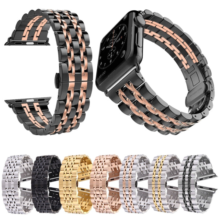 Lisslune | 22mm Men Hidden Butterfly Clasp 7 Beads Stainless Steel Bracelet For Apple Watch 38mm (Silver Rose Gold)