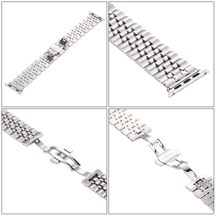 Lisslune | 22mm Men's Hidden Butterfly Buckle 7 Pearl Stainless Steel Watch Strap for Apple Watch 42mm (Silver)