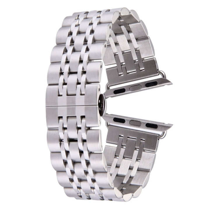 Lisslune | 22mm Men's Hidden Butterfly Buckle 7 Pearl Stainless Steel Watch Strap for Apple Watch 42mm (Silver)