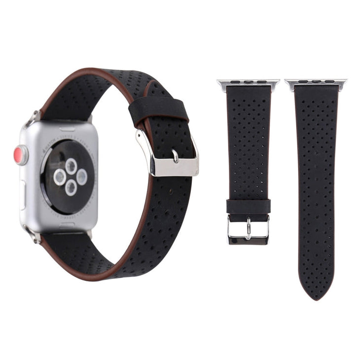 Lisslune | For Apple Watch Series 10 42mm / 9&8&7 41mm / SE 3&SE 2&6&SE&5&4 40mm / 3&2&1 38mm Simple Fashion Leather Hole Pattern Band (Black)