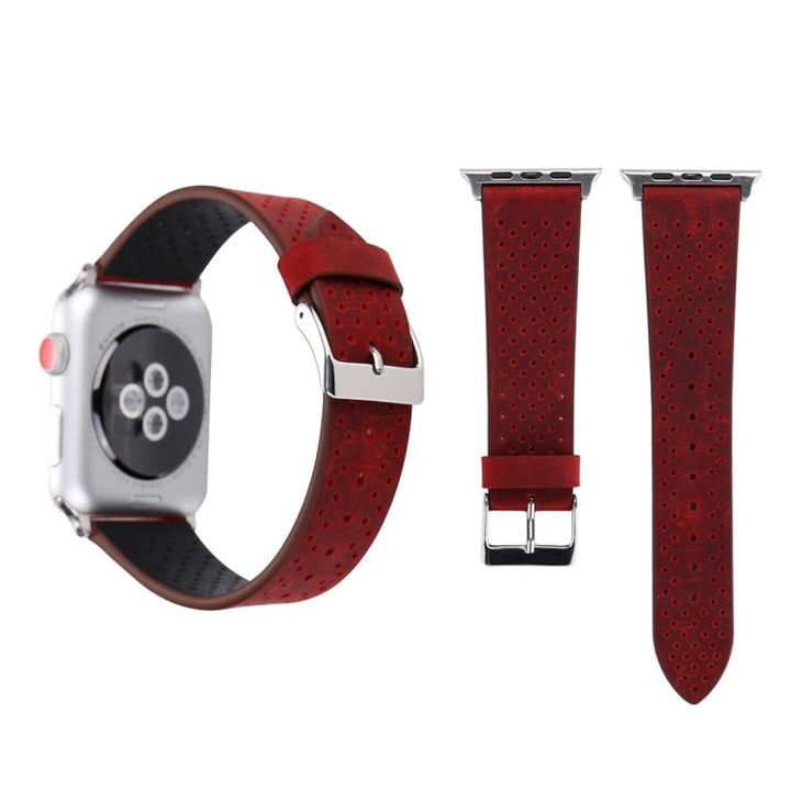 Lisslune | For Apple Watch Series 10 42mm / 9&8&7 41mm / SE 3&SE 2&6&SE&5&4 40mm / 3&2&1 38mm Simple Fashion Leather Hole Pattern Watch Band (Red)