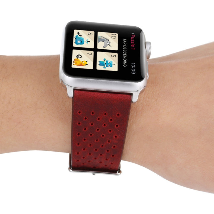 Lisslune | For Apple Watch Series 10 42mm / 9&8&7 41mm / SE 3&SE 2&6&SE&5&4 40mm / 3&2&1 38mm Simple Fashion Leather Hole Pattern Watch Band (Red)