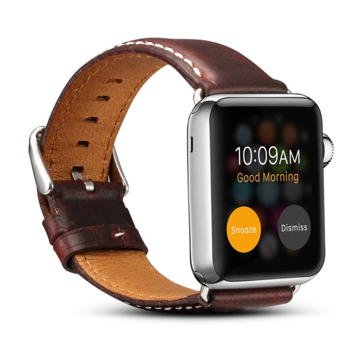 Lisslune | Denior Oil Wax Retro Watch Leather Strap for Apple Watch Series 7 45mm / 6 & SE & 5 & 4 44mm / 3 & 2 & 1 42mm (Dark Red)