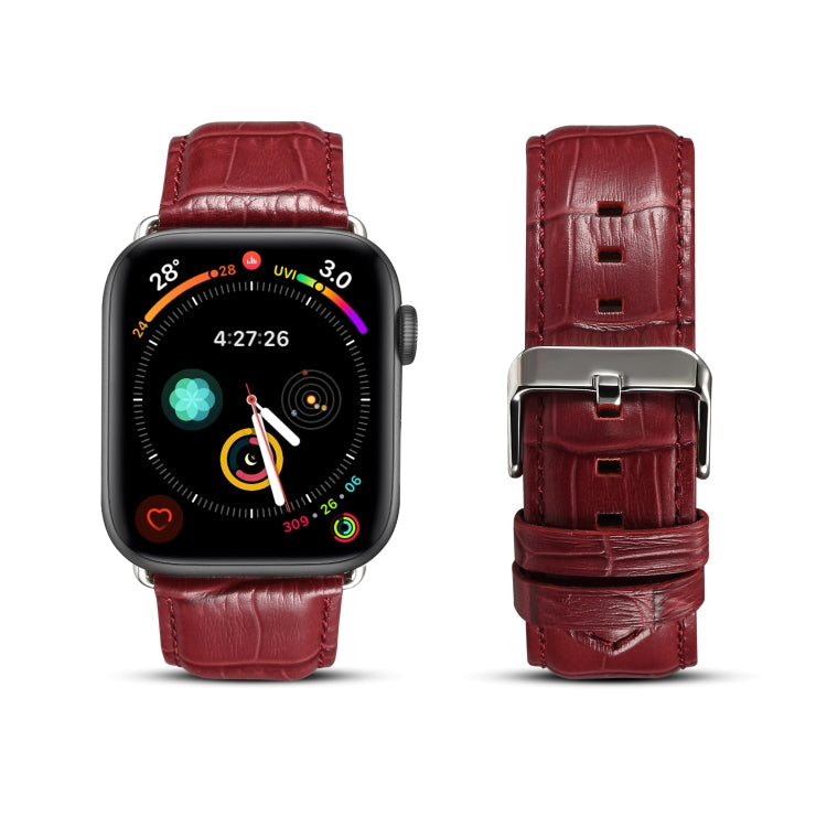 Lisslune | Denior Crocodile Grain Watch Cowhide Watch Band for Apple Watch Ultra 49mm & Watch Ultra 2 49mm / Series 10 46mm / 9 & 8 & 7 45mm / SE 3 & SE 2 & 6 & SE & 5 & 4 44mm / 3 & 2 & 1 42mm (Dark Red)