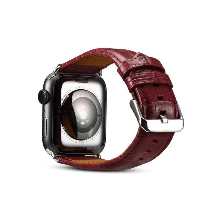 Lisslune | Denior Crocodile Grain Watch Cowhide Watch Band for Apple Watch Ultra 49mm & Watch Ultra 2 49mm / Series 10 46mm / 9 & 8 & 7 45mm / SE 3 & SE 2 & 6 & SE & 5 & 4 44mm / 3 & 2 & 1 42mm (Dark Red)